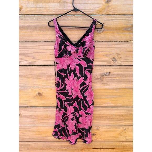 Betsey Johnson New York Pink Floral Hibiscus Black Midi Dress V-Neck Lace Trim S